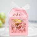 Pink laser-cut hollow rose heart gift box with Love text and white organza ribbon - Pink
