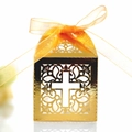 Scatola bomboniera oro laser cut con croce traforata e nastro di organza arancione - Oro Riflettente
