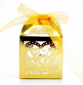 Elegant gold hollow laser cut wedding candy box with Love heart design and yellow ribbon - 5*5*8 CM / Reflective Gold