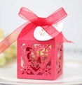 Pink heart cutout favor box with red bow and Thank You tag for wedding gift - Pearlescent Red