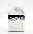 Detail of silver laser-cut wedding candy box with Love heart pattern and ribbon bow - 5*5*8 CM / Reflective Silver