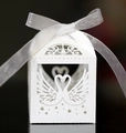 Elegant laser-cut white swan wedding candy box with heart pattern and white ribbon bow - White