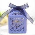 Detail of laser cut purple candy box with Thank You text and blue organza ribbon - Sapphire Blue