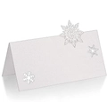 Macro view of white snowflake laser-cut place card with elegant pearl paper texture - Snowflake Hollow Style (XWK-154)