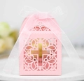 Pink laser-cut cross favor box with white ribbon for wedding or baptism events - Pink