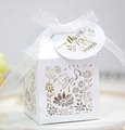 Close-up of white cutout candy box with ribbon and thank you tag for weddings - White (With Thank You Tag)