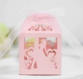 Pink heart laser cut wedding favor box with silhouette design and white ribbon bow - Pink