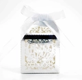 Close-up of silver laser-cut wedding favor box with heart design and thank you tag - Reflective Silver