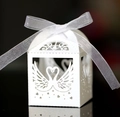 Elegant white laser-cut swan heart wedding favor box with a delicate white organza ribbon - White
