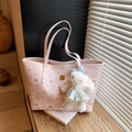 Pink lychee texture tote bag with bear pattern and cute plush bunny charm - Pink with Pendant