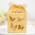 Close-up of golden hollow butterfly gift box with laser-cut patterns and silk ribbon bow - Gold