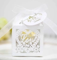 Macro detail of laser-cut 'Love' wedding favor box with white ribbon and thank you tag - 5*5*8 CM / White (With Tag)