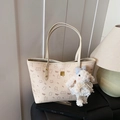 Chic beige tote bag featuring bear prints, gold logo, and a plush bunny charm - White with Pendant