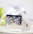 Detail of silver laser-cut gift box with hollow heart LOVE design and thank you tag - Reflective Silver