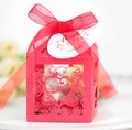 Elegant red laser-cut favor box with Love rose pattern and Thank You tag for weddings - Pearlescent Red