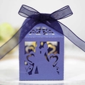 Detail of laser-cut hollow heart pattern on purple wedding favor box with organza ribbon - Sapphire Blue