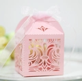 Pink laser-cut crown favor box with white ribbon for wedding candy and small gifts - Pink