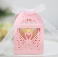Pink laser cut wedding gift box featuring hollow swan heart design and organza ribbon - Pink