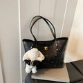 Chic black litchi leather tote bag with white cartoon prints and a plush rabbit charm - Black with Pendant