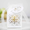 Close-up of white laser-cut cross favor box with ribbon and thank you tag - White (With Tag)
