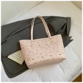 Pink lychee grain tote bag with cute cartoon bear print and stylish gold hardware accents - Pink Without Pendant