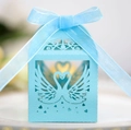 Light blue laser cut swan wedding candy gift box with elegant organza ribbon bow - Turquoise Blue