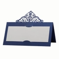 Detailed side view of laser-cut wedding place card in navy blue pearlescent paper - Magic Blue