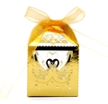 Elegant gold laser-cut swan candy box with yellow organza ribbon for weddings - Reflective Gold