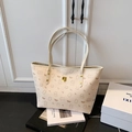 Creamy white tote bag with cartoon bear patterns and gold rivet hardware accents - White Without Pendant