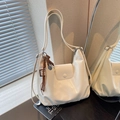 Glossy white PU leather hobo shoulder bag with double straps and brown horse charm - Cream White With Pendant