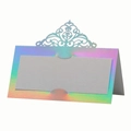 Iridescent laser cut wedding place card with a crown lace design on a white background - Holographic Silver