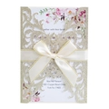Detail of laser-cut rose invitation card with gold glitter pattern and white satin bow - Light Gold Glitter