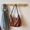 Minimalist deep brown faux leather tote bag with soft pleated design and square flap cover - Brown No Pendant