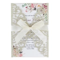 Glitter gold laser cut wedding invitation with ribbon and floral insert card set - Light Gold Glitter
