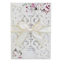 Laser-cut floral wedding invitation with glitter paper and a cream satin gold-edged bow - Glitter Ivory