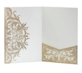 Close-up of laser-cut rose floral patterns on gold glitter wedding invitation card - Glitter Rose Gold