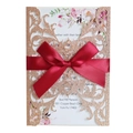 Laser cut rose gold glitter wedding invitation with burgundy satin bow and floral insert - Glitter Champagne Gold