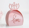 Detail of pink crown candy box with laser-cut Love lettering and pearlescent finish - Pink