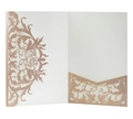 Close-up of laser-cut rose gold glitter wedding invitation with floral lace patterns - Apple Gold