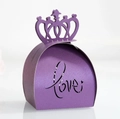 Detailed view of purple pearlescent paper candy box with crown and LOVE cutout design - Dark Purple