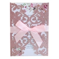 Elegant laser cut rose gold glitter wedding invitation with pink ribbon and floral insert - Glitter Pink