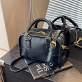 Classic black litchi-grain leather Boston bag with gold hardware and dual handles - Black