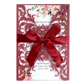 Burgundy laser cut wedding invitation with silk bow and floral inner card set - Dark Red