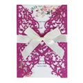 Laser cut fuchsia glitter wedding invitation with ivory satin bow and floral inner card - Rose Red