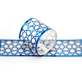 Blue geometric cutout napkin ring with metallic luster in open and closed views - Reflective Blue