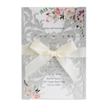 Silver glitter laser cut rose invitation card with ribbon and pink floral inner sheet - Glitter Silver