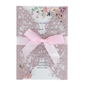 Pink glitter laser cut wedding invitation with ribbon bow and floral inner card - Pink