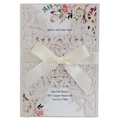 Elegant cream laser-cut wedding invitation with a silk ribbon bow and floral inner card - Flesh Pink