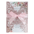 Rosa lasergeschnittene Hochzeitseinladungskarte mit Satinband und floralem Einleger - Glitzer Rosa