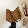 Brown suede hobo bag with leather trim and gold buckle, elegant minimalist shoulder style - Khaki